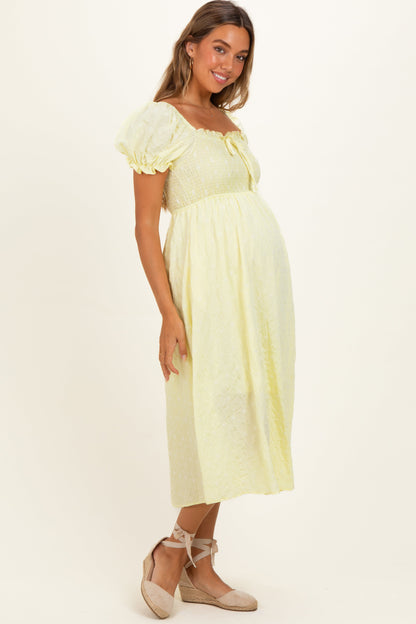 Yellow Square Neck Puff Sleeve Maternity Midi Dress