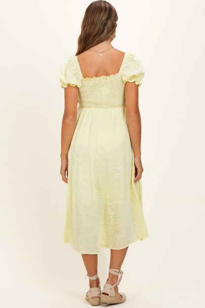 Yellow Square Neck Puff Sleeve Maternity Midi Dress