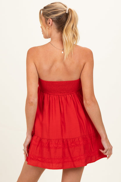 Red Strapless Lace Accent Babydoll Maternity Mini Dress