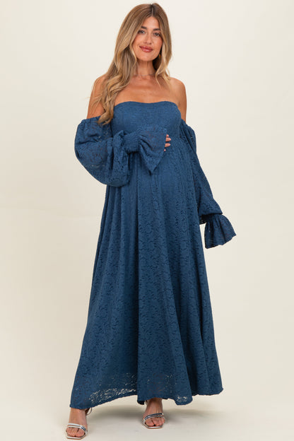 Blue Lace Floral Long Sleeve Maternity Photoshoot Gown/Dress