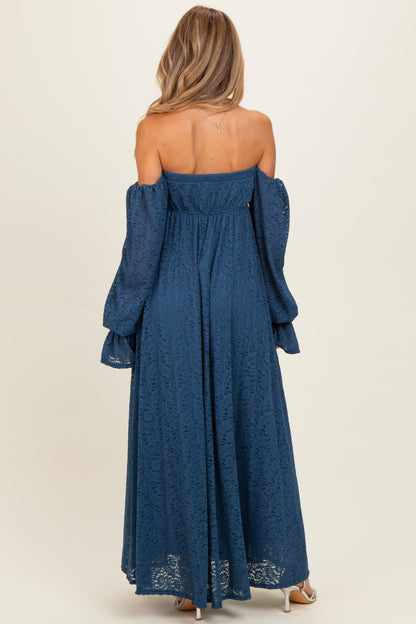 Blue Lace Floral Long Sleeve Maternity Photoshoot Gown/Dress