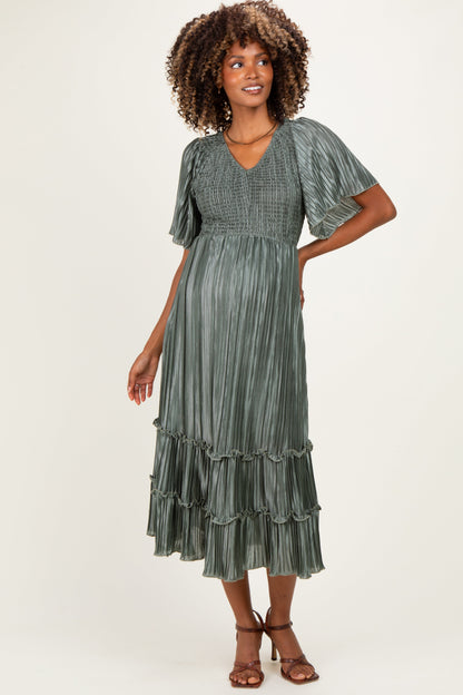 Olive Pleated Satin Smocked Maternity Midi Dress