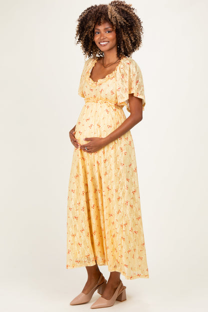 Yellow Floral Lace Maternity Maxi Dress