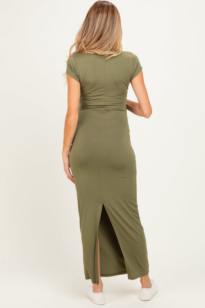 Olive Fitted Short Sleeve Maternity Maxi Dress