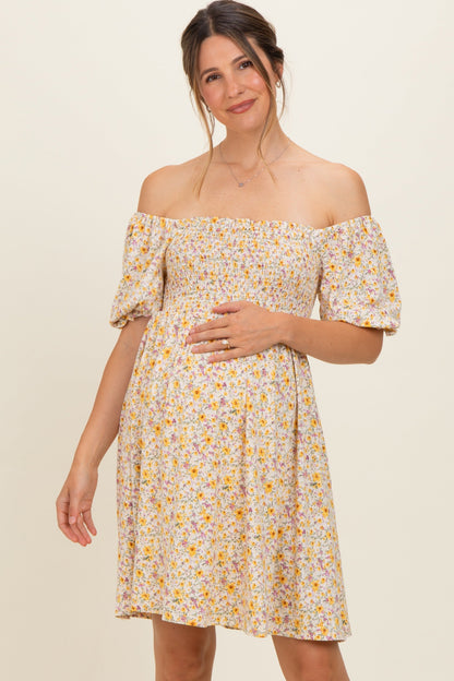 Yellow Multi Ditsy Floral Ruffle Bubble Sleeve Smocked Maternity Dress