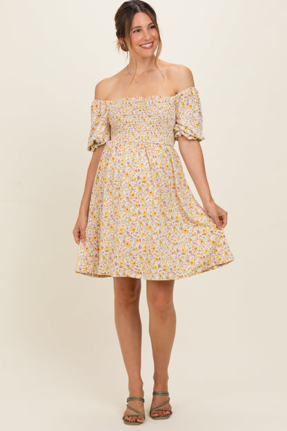 Yellow Multi Ditsy Floral Ruffle Bubble Sleeve Smocked Maternity Dress
