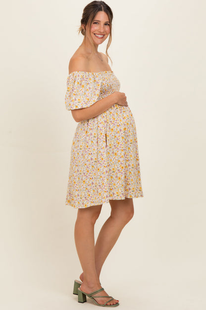 Yellow Multi Ditsy Floral Ruffle Bubble Sleeve Smocked Maternity Dress