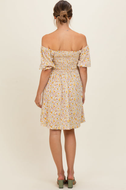 Yellow Multi Ditsy Floral Ruffle Bubble Sleeve Smocked Maternity Dress