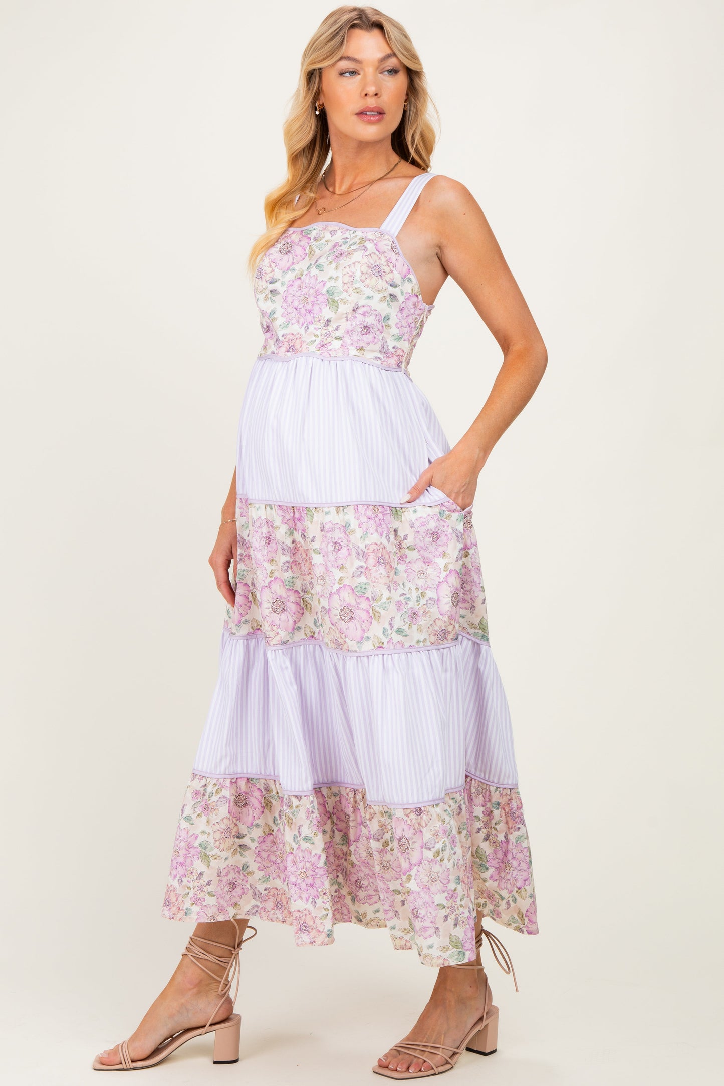 Lavender Multi Floral Tiered Sleeveless Maternity Midi Dress