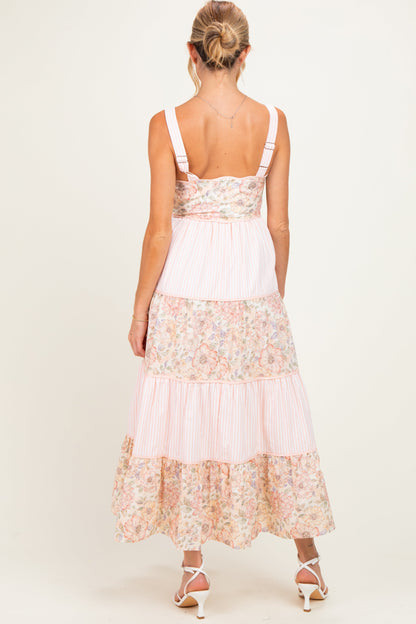 Peach Multi Floral Tiered Sleeveless Maternity Midi Dress