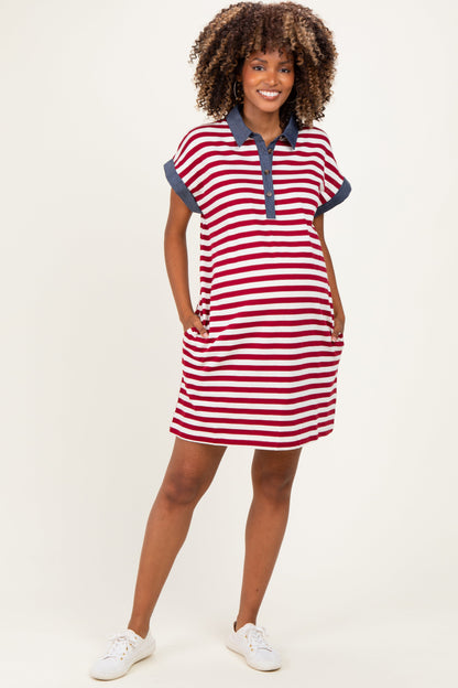 Burgundy/Cream Relaxed Fit Striped Polo Maternity Mini Dress
