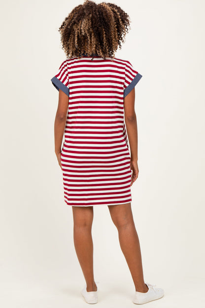 Burgundy/Cream Relaxed Fit Striped Polo Maternity Mini Dress
