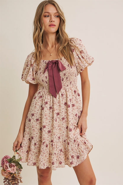 Burgundy Bow Smocked Bubble Sleeve Maternity Mini Dress