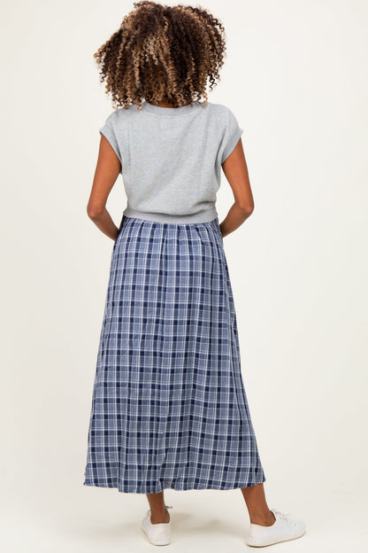 Heather Grey/ Navy Plaid Cap Sleeve Maternity Midi Dress