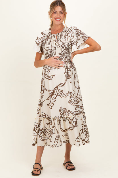 Taupe Floral Smocked Front Tie Maternity Midi Dress