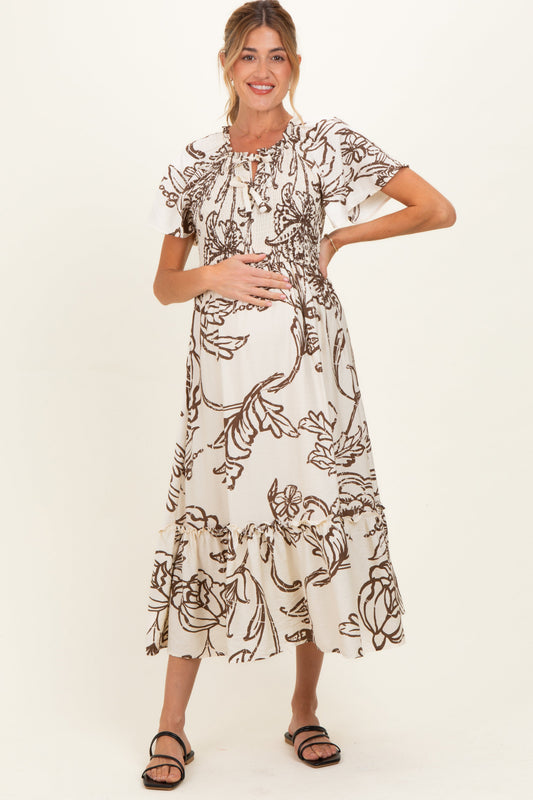 Taupe Floral Smocked Front Tie Maternity Midi Dress
