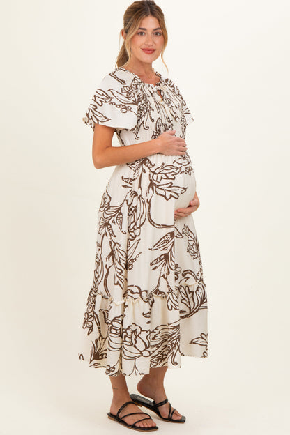 Taupe Floral Smocked Front Tie Maternity Midi Dress