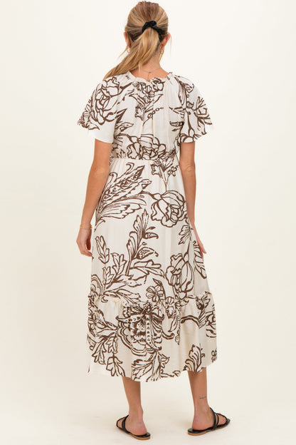Taupe Floral Smocked Front Tie Maternity Midi Dress