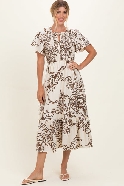 Taupe Floral Smocked Front Tie Maternity Midi Dress