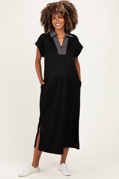 Black Striped Collared Side Slit Maternity Midi Dress
