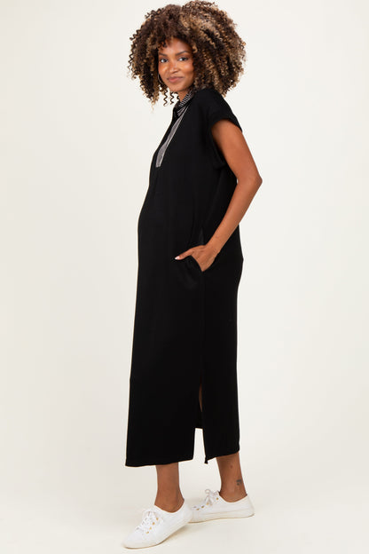 Black Striped Collared Side Slit Maternity Midi Dress