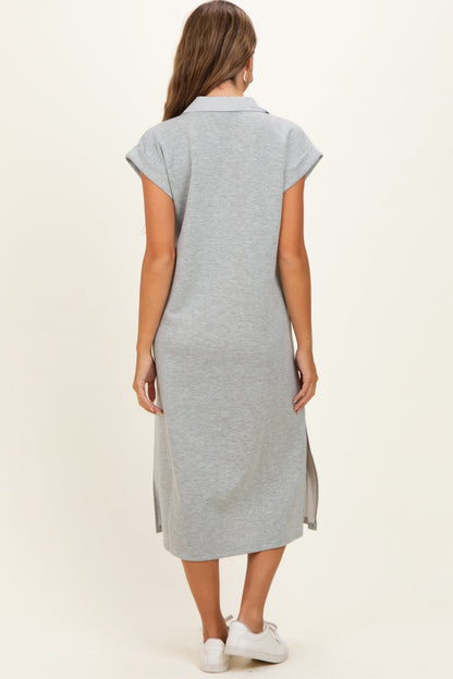 Heather Grey Striped Collared Side Slit Maternity Midi Dress