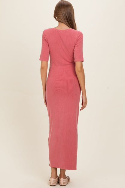 Dusty Rose Ruched Short Sleeve Side Slit Maternity Midi Dress