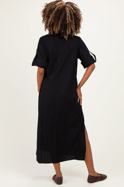 Black Side Slit Button Down Maternity Midi Dress