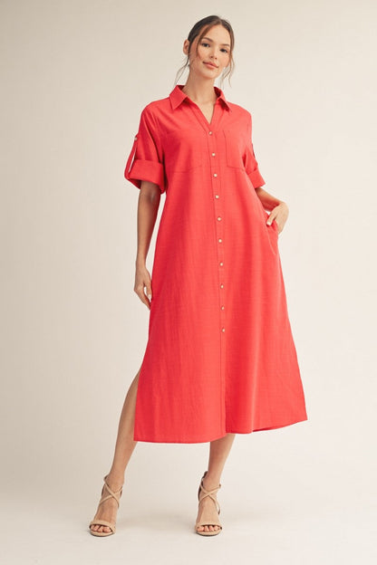 Red Side Slit Button Down Maternity Midi Dress