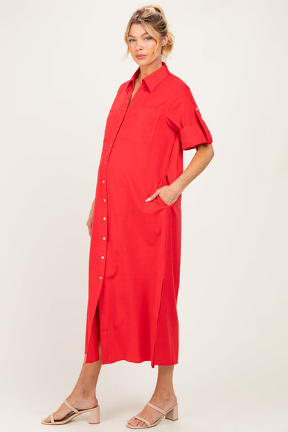 Red Side Slit Button Down Maternity Midi Dress