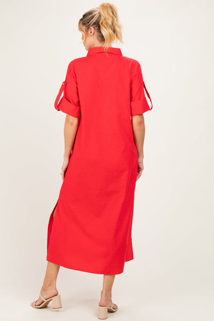 Red Side Slit Button Down Maternity Midi Dress