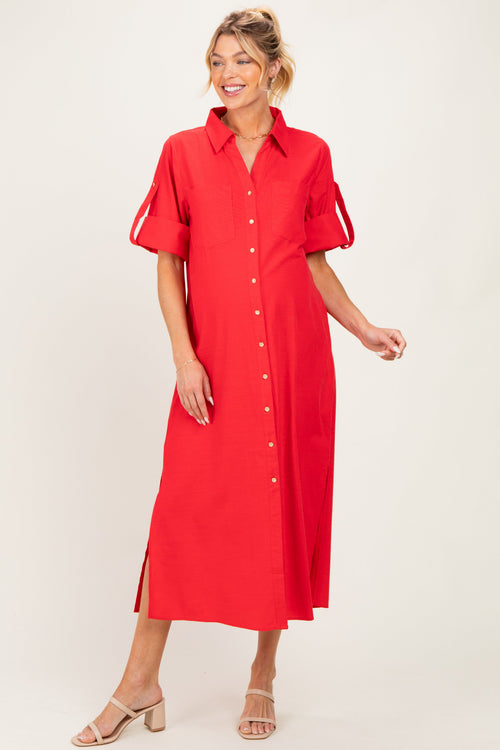 Red Side Slit Button Down Maternity Midi Dress