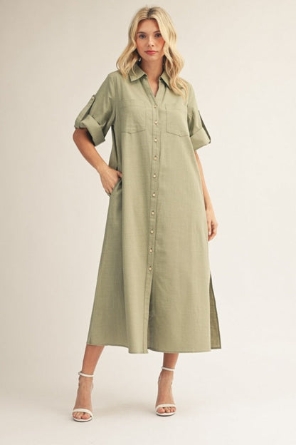 Sage Side Slit Button Down Maternity Midi Dress