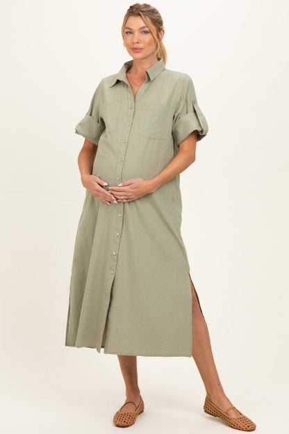 Sage Side Slit Button Down Maternity Midi Dress