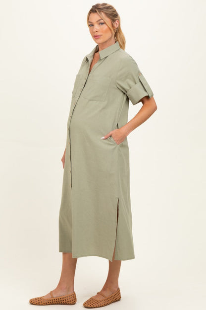 Sage Side Slit Button Down Maternity Midi Dress