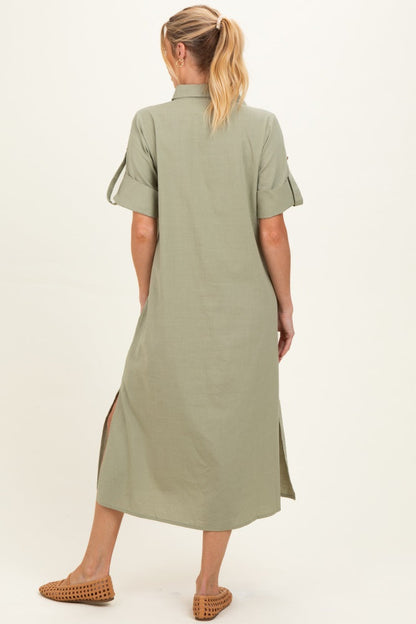 Sage Side Slit Button Down Maternity Midi Dress