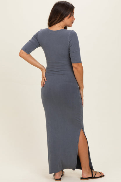 Slate Ruched Short Sleeve Side Slit Maternity Midi Dress