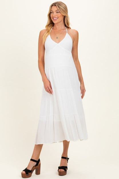 White Halter Cutout Maternity Midi Dress