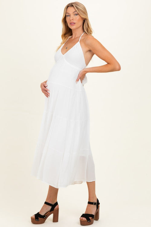 White Halter Cutout Maternity Midi Dress