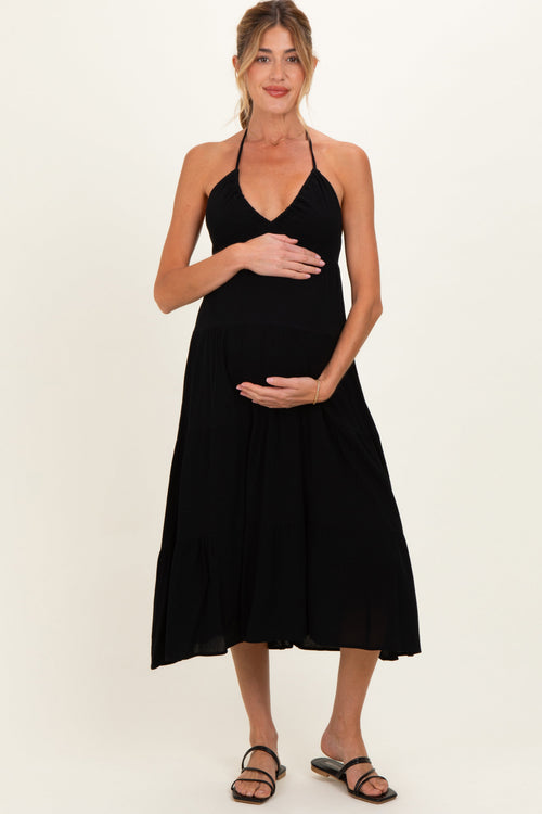 Black Halter Cutout Maternity Midi Dress