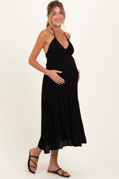 Black Halter Cutout Maternity Midi Dress
