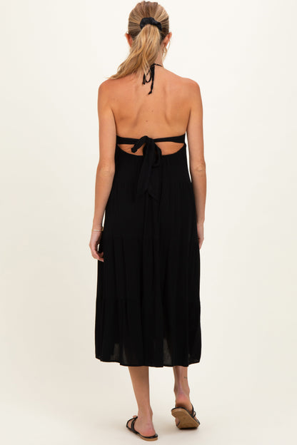 Black Halter Cutout Maternity Midi Dress