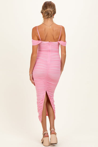 Baby Pink Ruched Mesh Off Shoulder Maternity Midi Dress