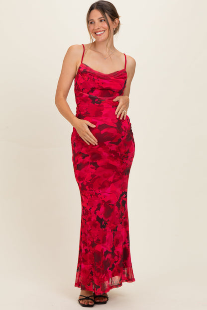 Red Printed Crisscross Back Maternity Maxi Dress
