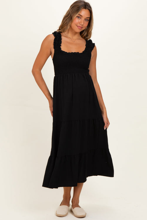 Black Smocked Tiered Ruffle Detail Maternity Dress