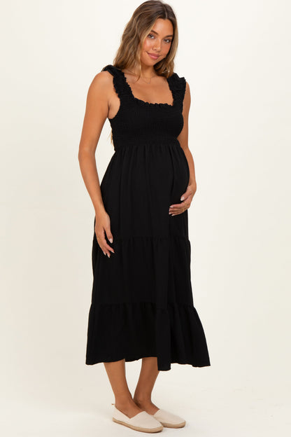 Black Smocked Tiered Ruffle Detail Maternity Dress