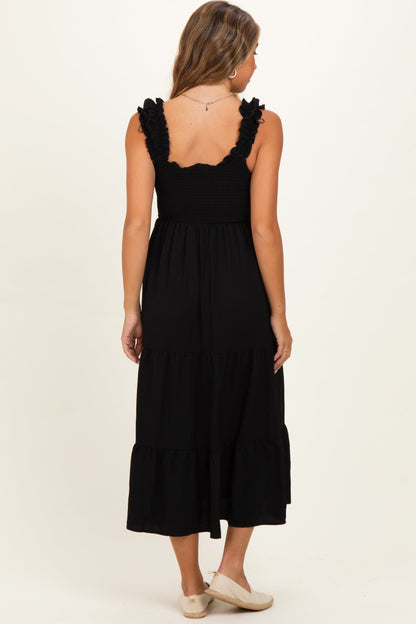 Black Smocked Tiered Ruffle Detail Maternity Dress