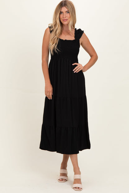 Black Smocked Tiered Ruffle Detail Maternity Dress