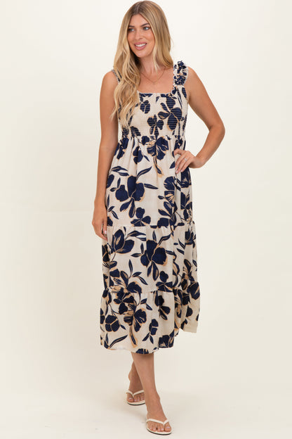 Navy Floral Smocked Tiered Maternity Midi Dress