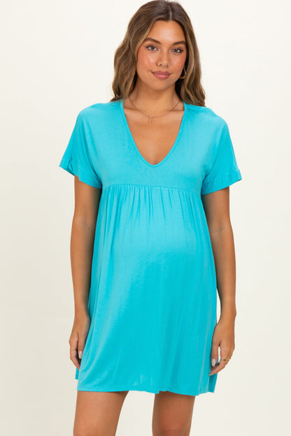 Teal V-Neck Basic Maternity Dress
